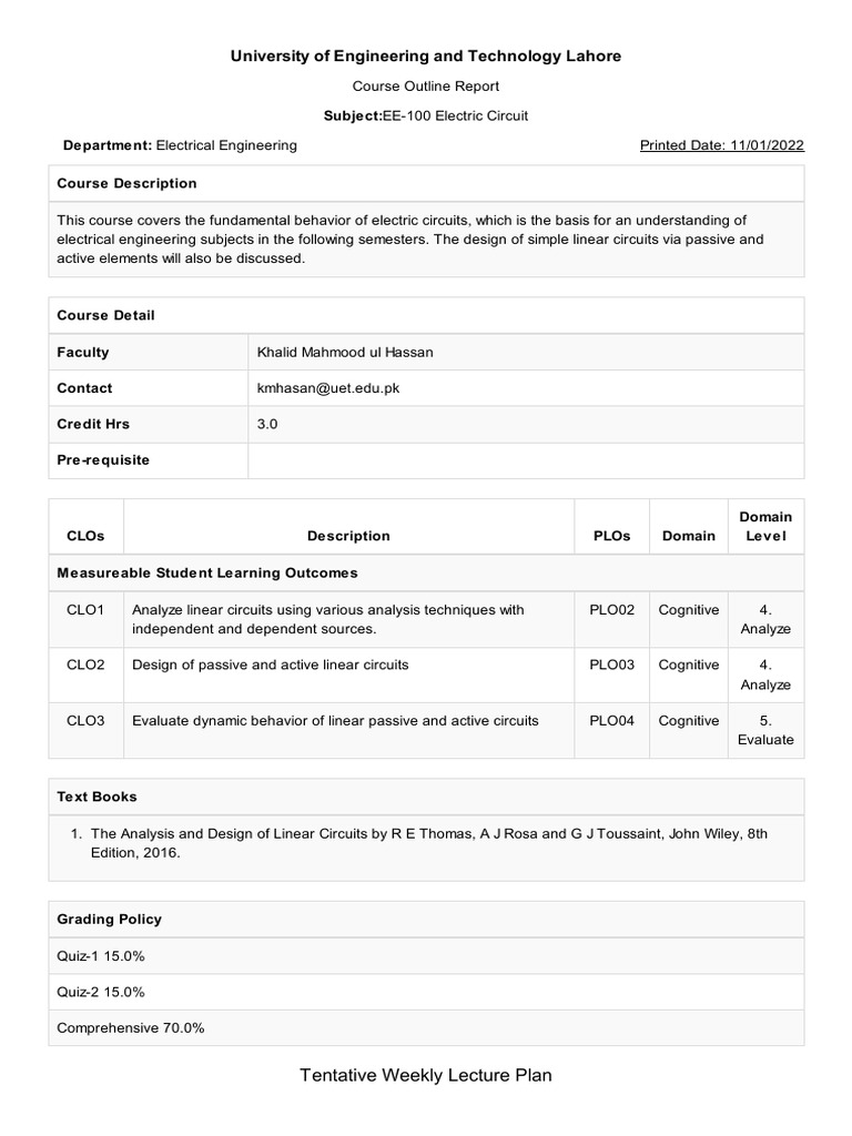 EE-100 Electric Circuit Course Outline | PDF | Electrical Network ...