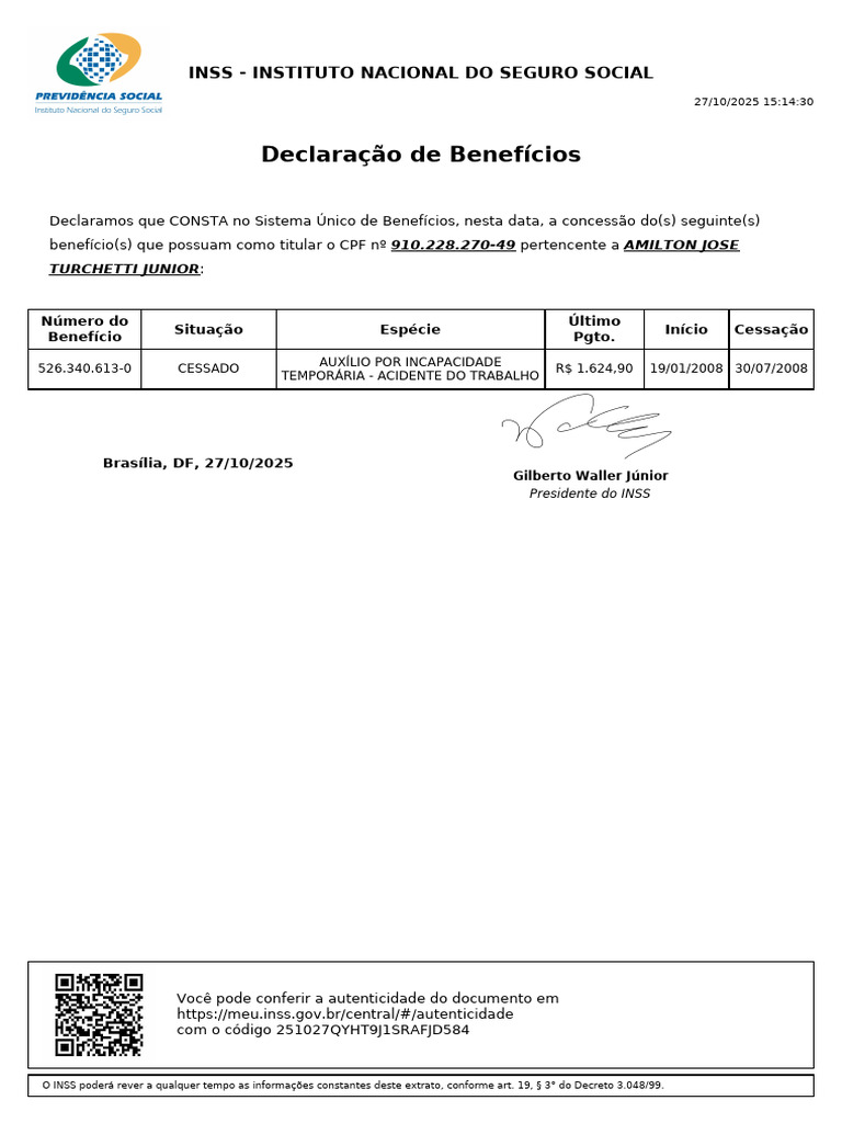Benefício Cessado do INSS - Amilton Jr. | PDF