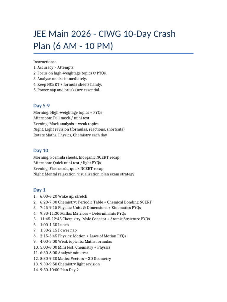 JEE Main 2026 CIWG 10-Day Study Plan | PDF | Chemistry | Mathematics