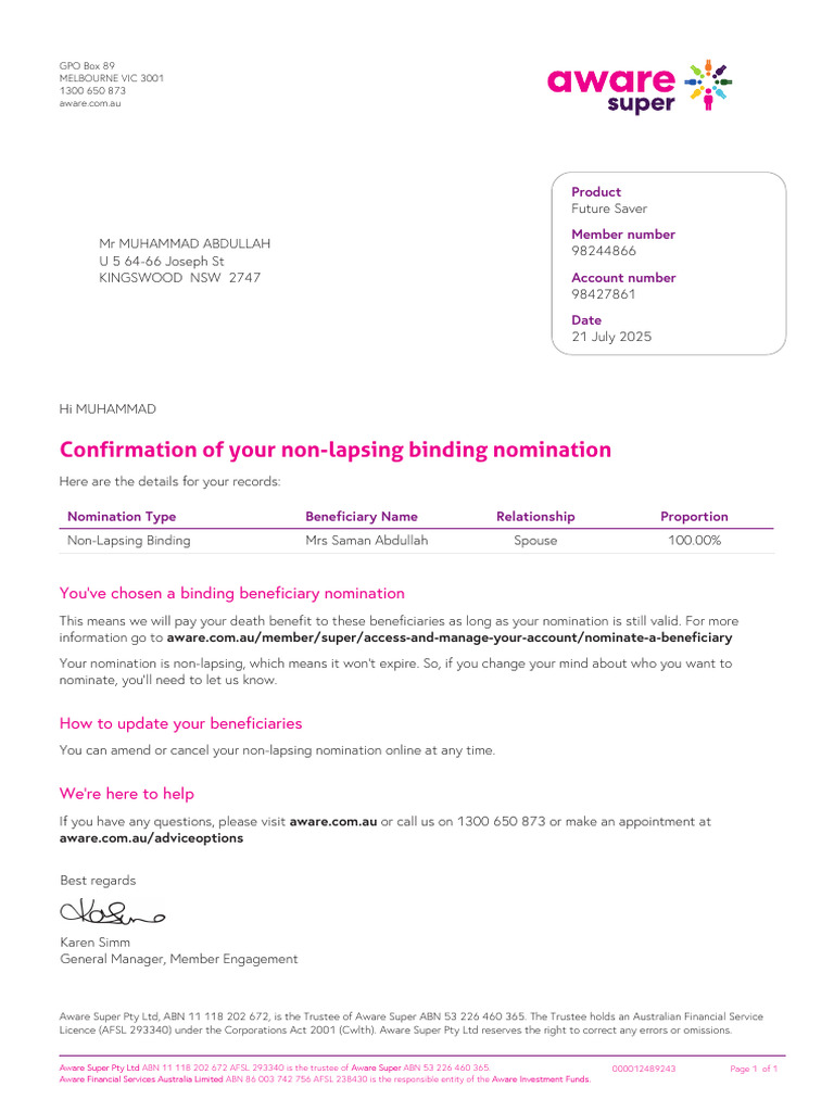 Non-Lapsing Binding Nomination Confirmation | PDF | Private Law