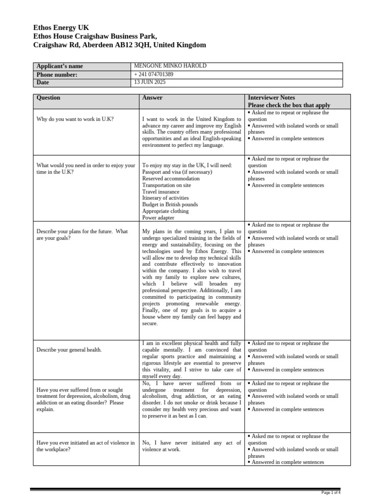 Job Application Insights for Ethos Energy | PDF