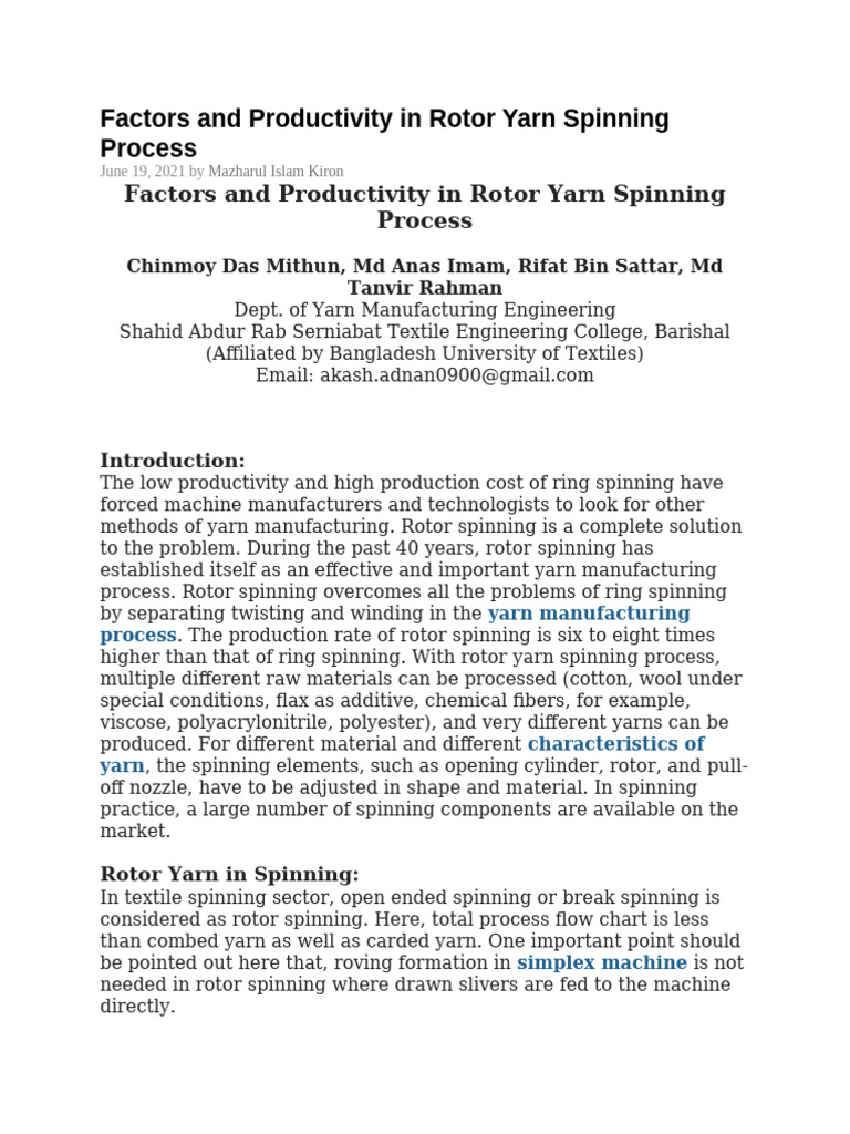 Factors and Productivity in Rotor Yarn Spinning Process | PDF