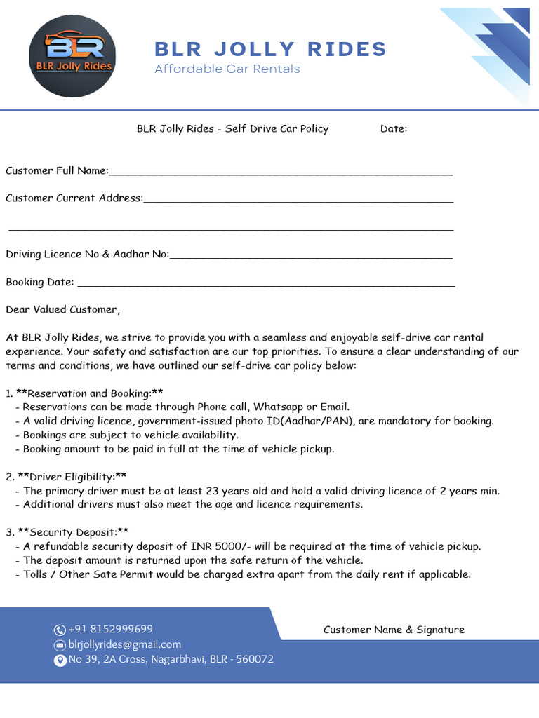 BLR Jolly Rides Self-Drive Car Policy | PDF | Car Rental | Driver's License