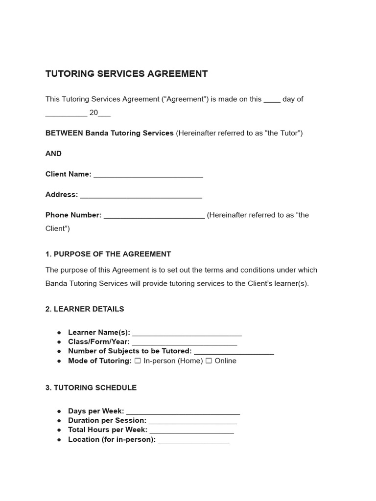 Tutoring Services Agreement Template | PDF