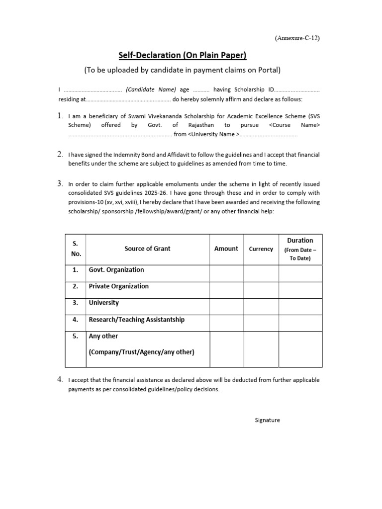 SVS Scholarship Self-Declaration Form | PDF
