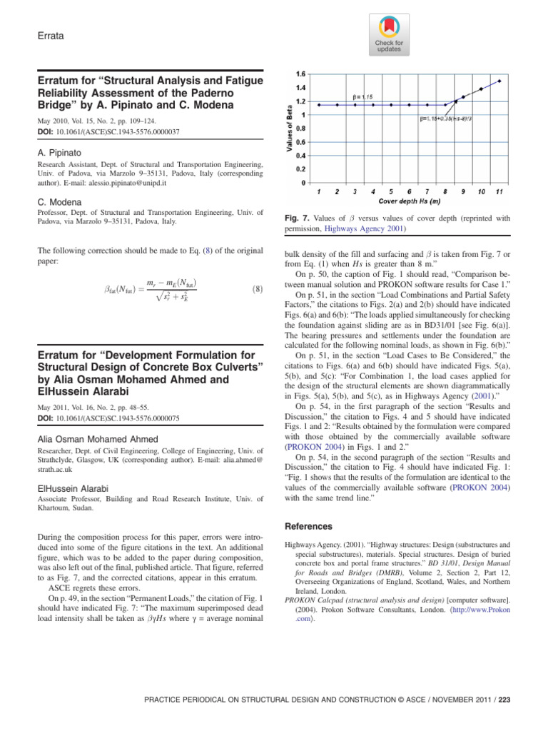 Pipinato Modena 2011 Erratum For Structural Analysis and Fatigue ...