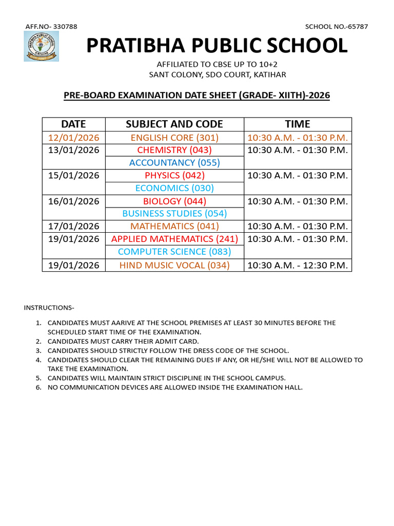 Pre Board Datesheet Xii | PDF