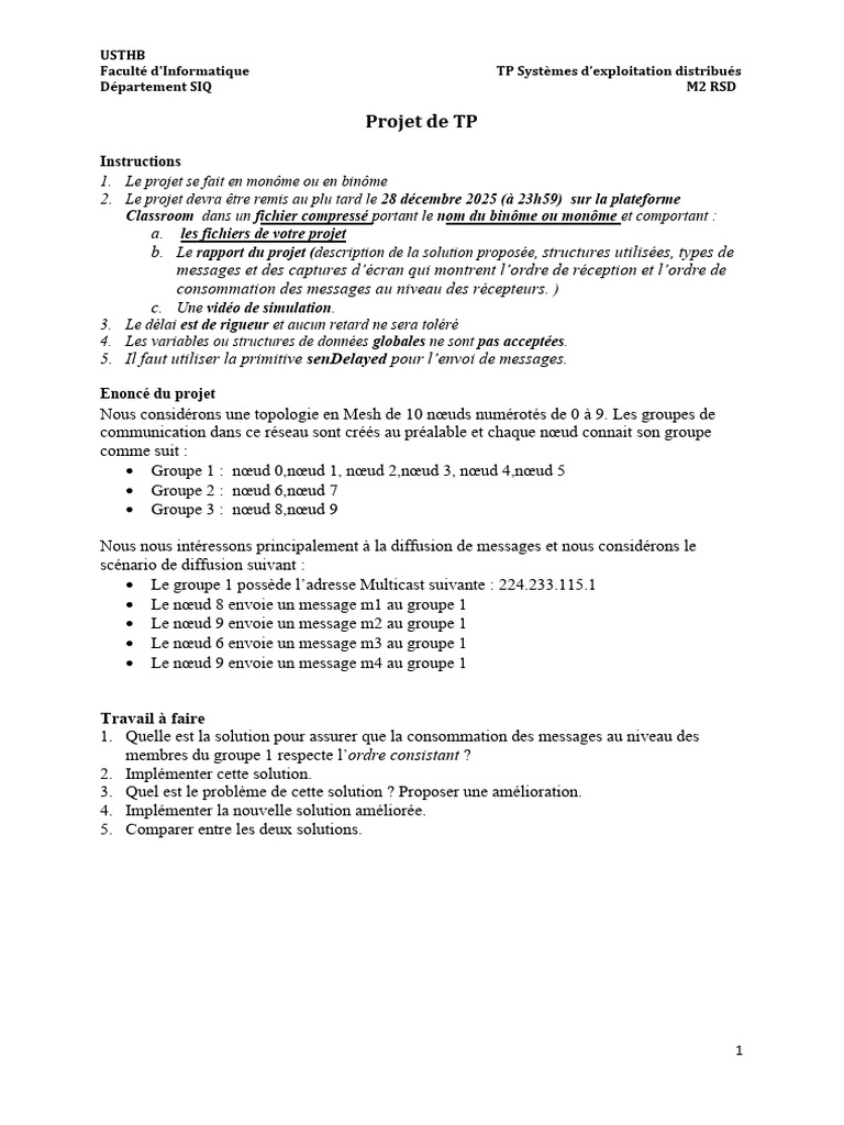 Projet TP Systèmes Distribués USTHB | PDF