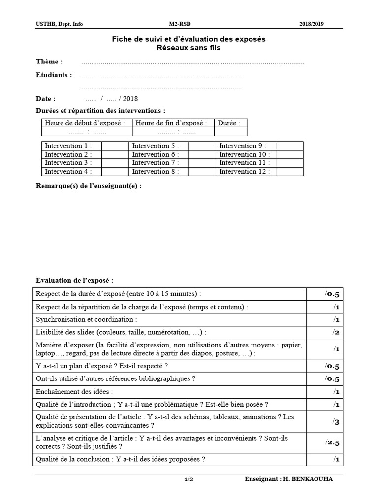 Fiche d'évaluation exposés réseaux sans fil | PDF
