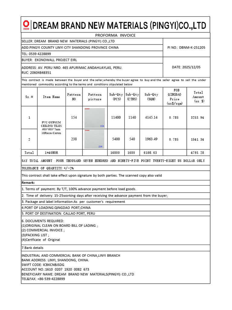 Proforma Invoice for PVC Ceiling Tiles | PDF | Private Law | Business Law