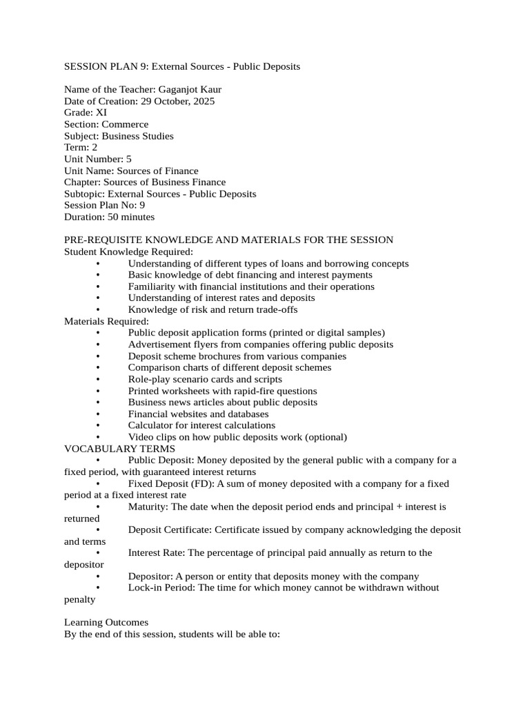 SESSION PLAN 9 - Sources of Business Finance | PDF | Interest ...