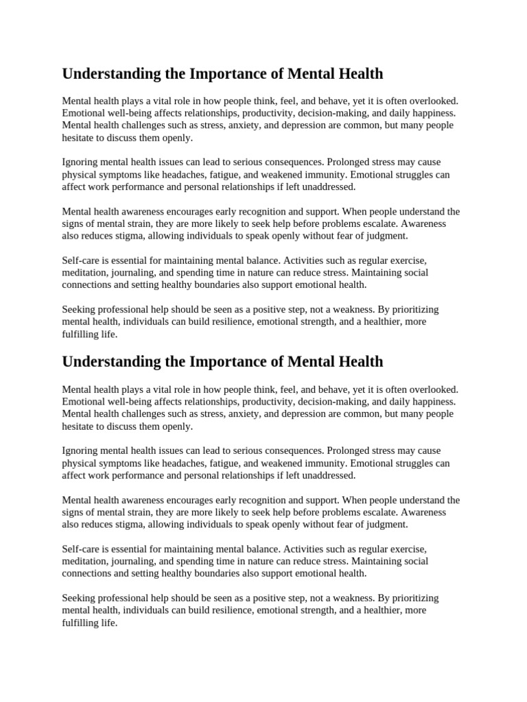 Understanding The Importance of Mental Health | PDF | Mental Health ...