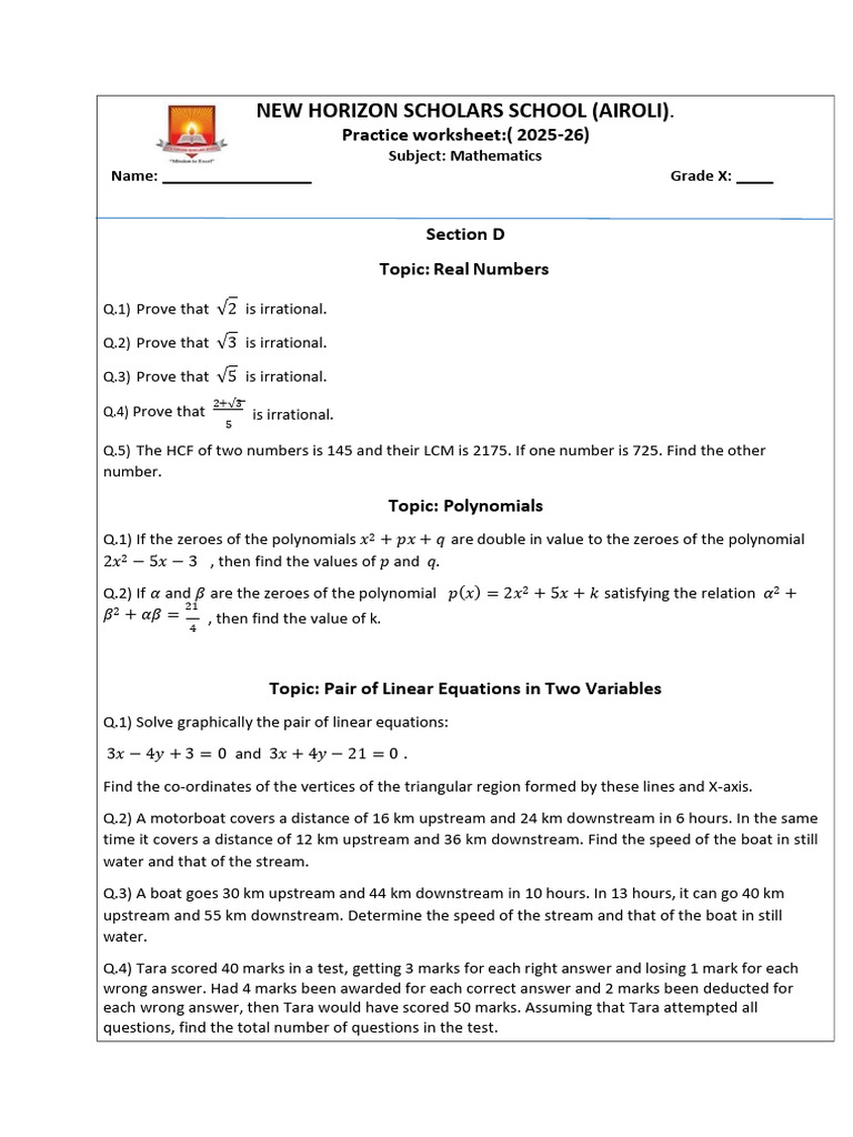 Grade X Mathematics Practice Worksheet | PDF | Circle | Area