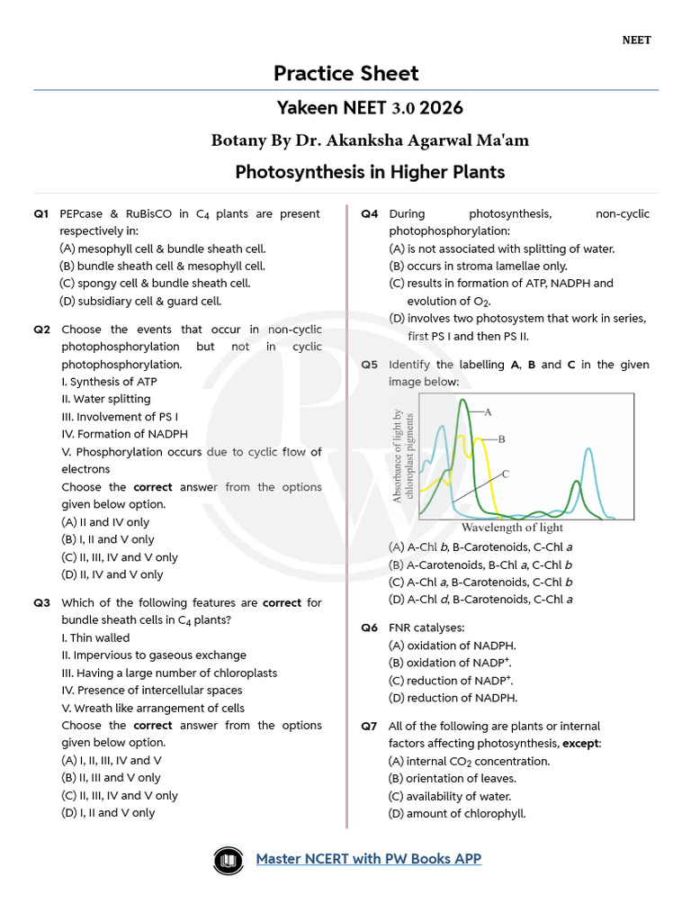NEET 2026 Botany Practice Questions | PDF | Photosynthesis | Chemistry