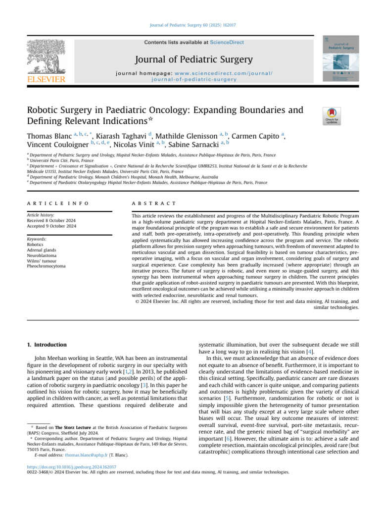 Robotic Surgery in Pediatric Oncology | PDF | Surgery | Oncology