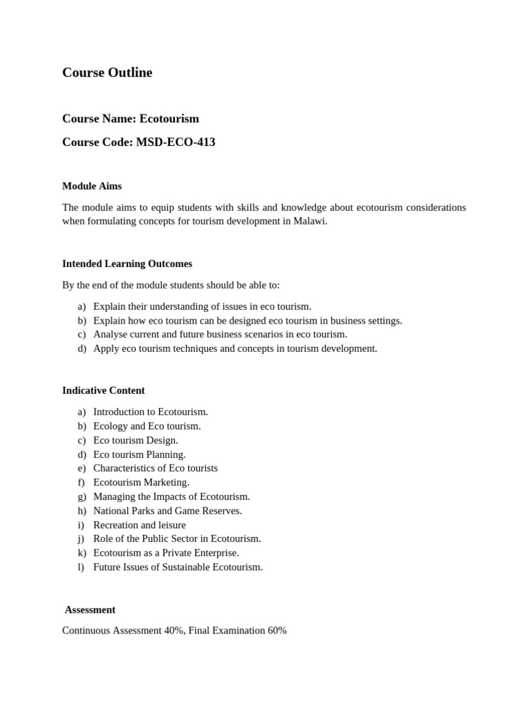 Ecotourism and Service Quality Course Outline | PDF