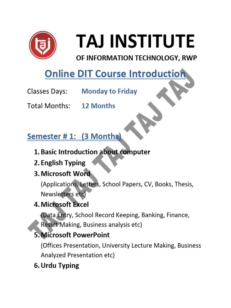 Online DIT Course Overview - Taj Institute | PDF