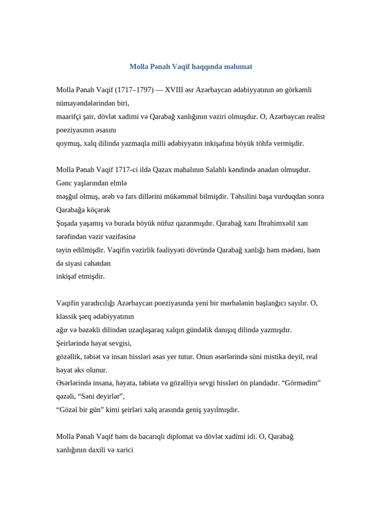 Molla Penah Vaqif Haqqinda Melumat | PDF