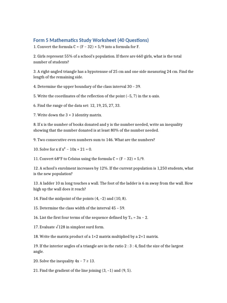 Form5 Study Worksheet 40Q | PDF | Matrix (Mathematics) | Mathematical ...