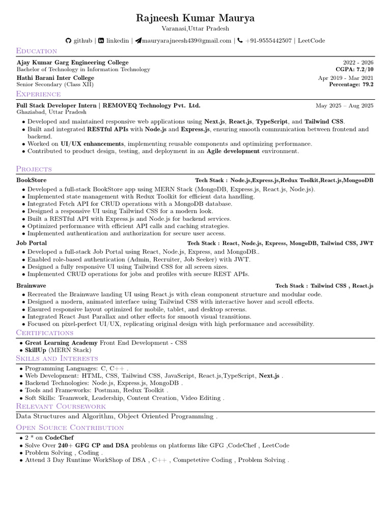 Full Stack Developer Resume - Rajneesh Maurya | PDF | Web Development ...