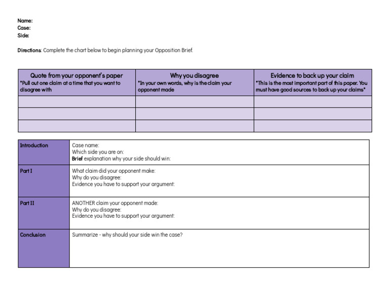 Opposition Brief Planning Template | PDF