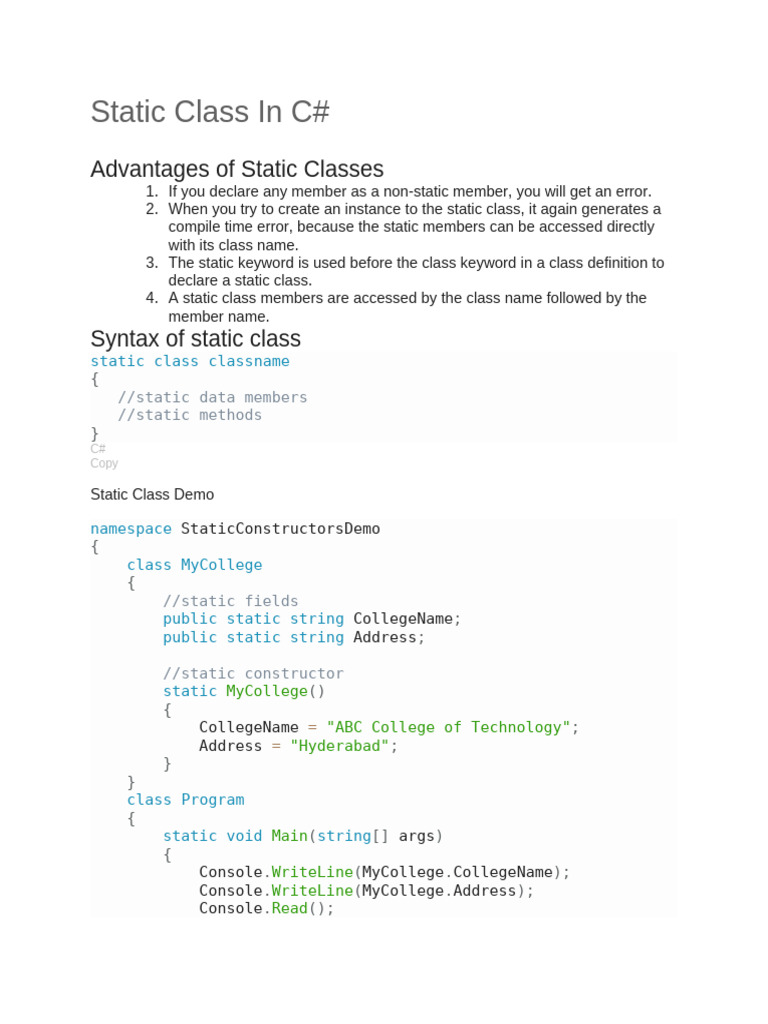 Understanding Static Classes in C# | PDF | Class (Computer Programming ...