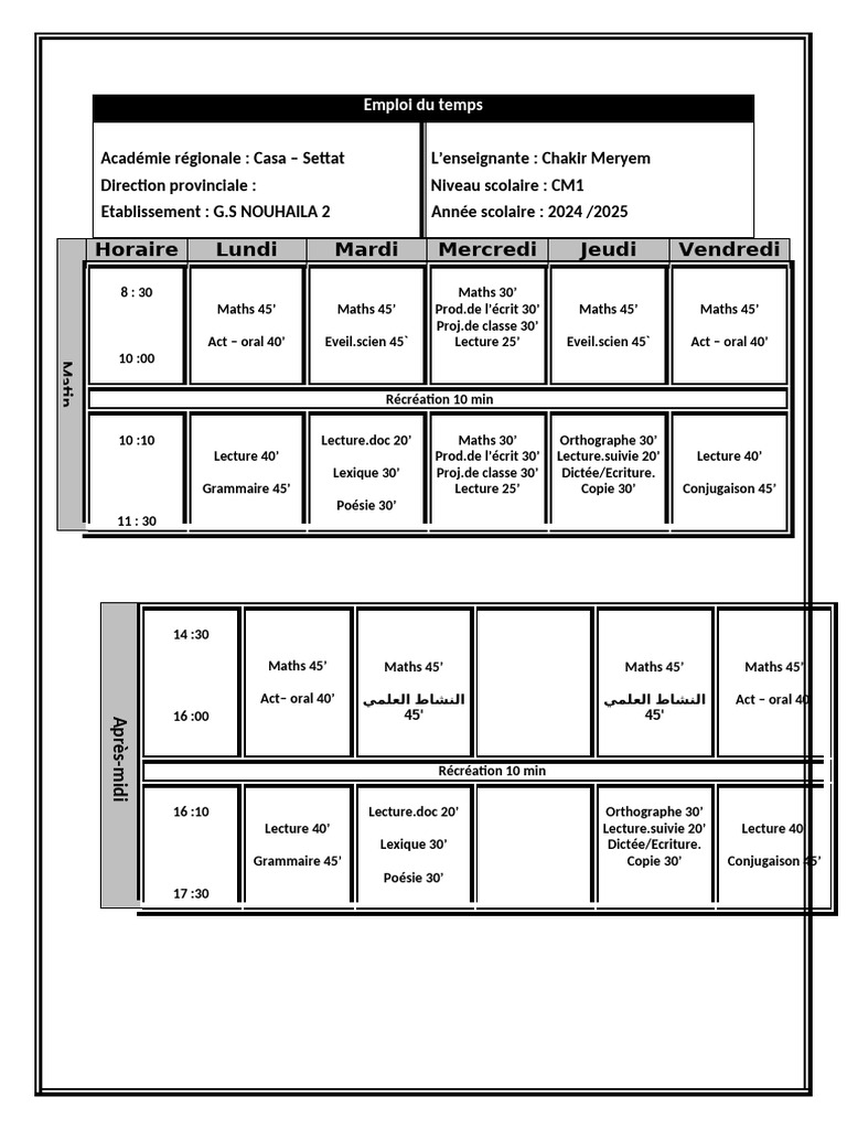 Emploi du temps CM1 G.S NOUHAILA 2 | PDF