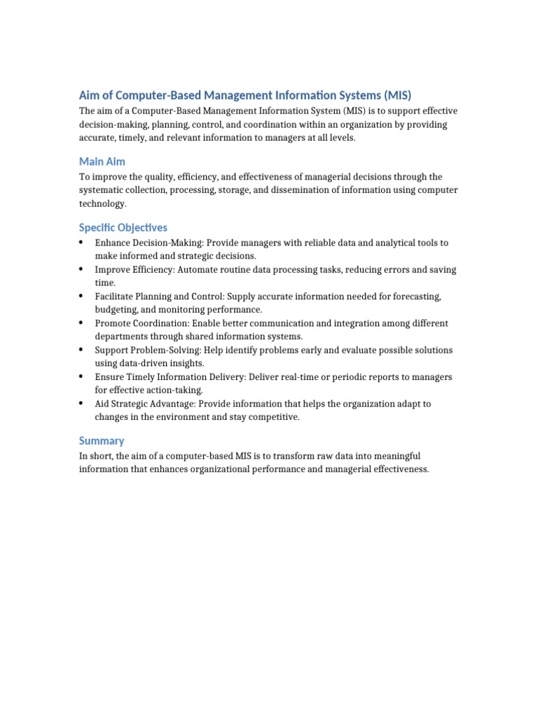 Goals of Computer-Based MIS Systems | PDF