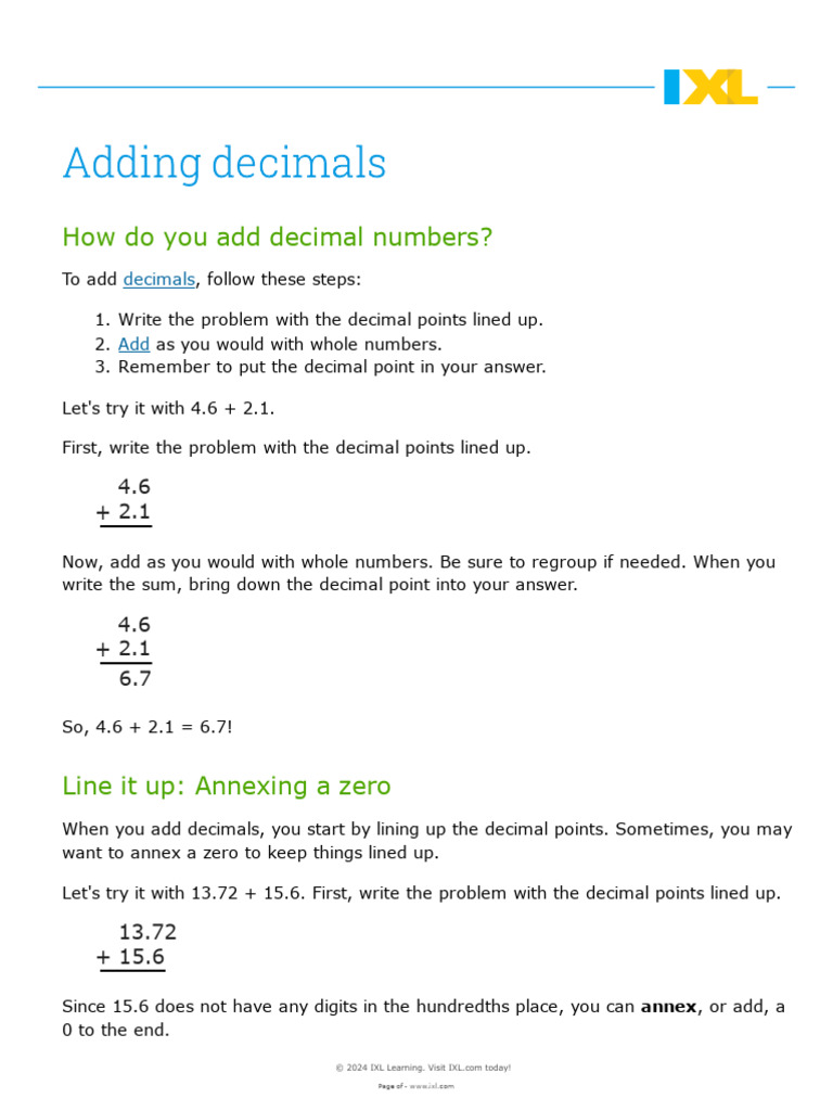 How to Add Decimal Numbers | PDF