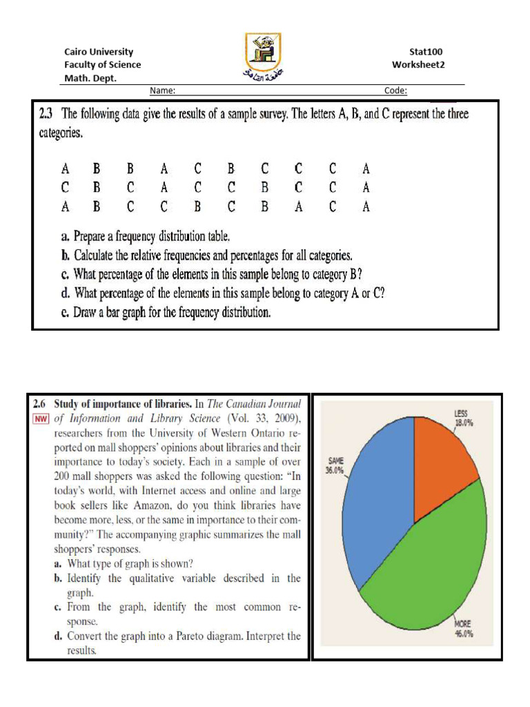 Cairo University Stat100 Worksheet 2 | PDF