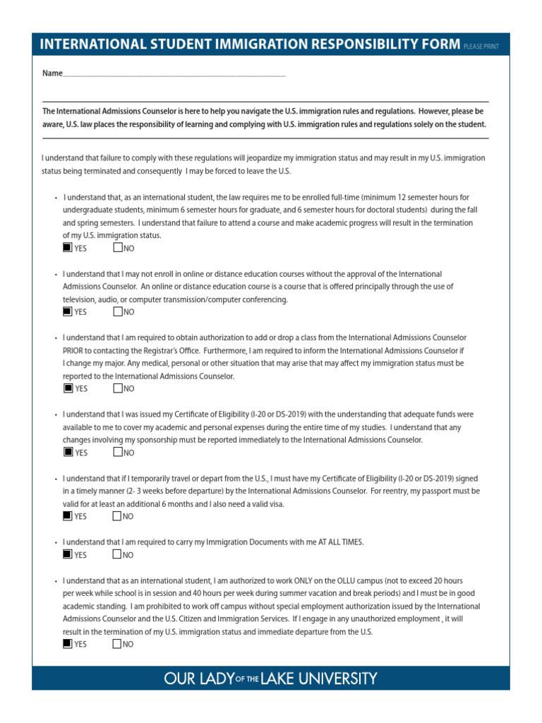 International Student Immigration Form | PDF