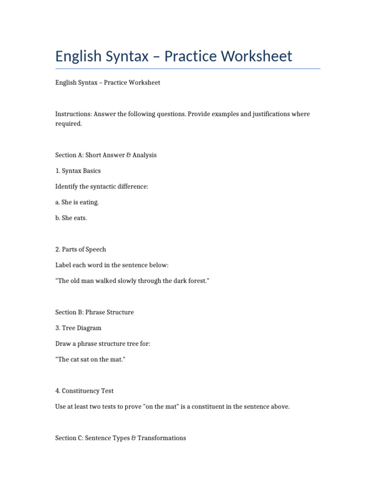 English Syntax Practice Worksheet | PDF