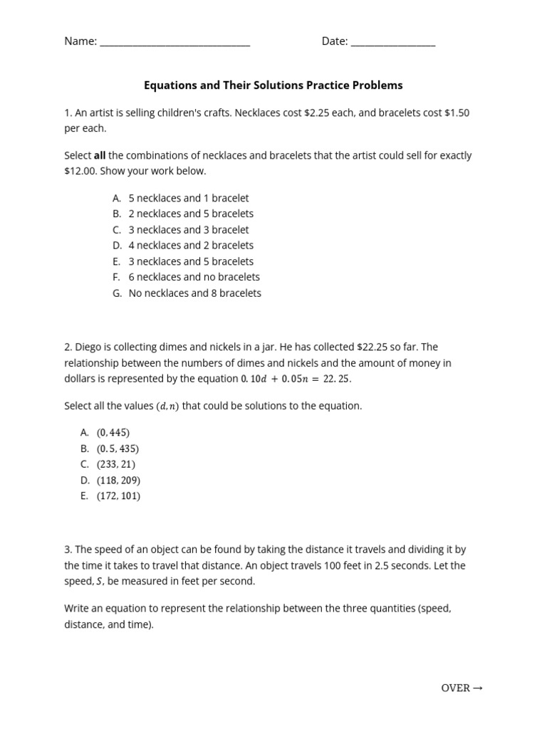 Equations and Solutions Practice Problems | PDF | Equations | Mathematics