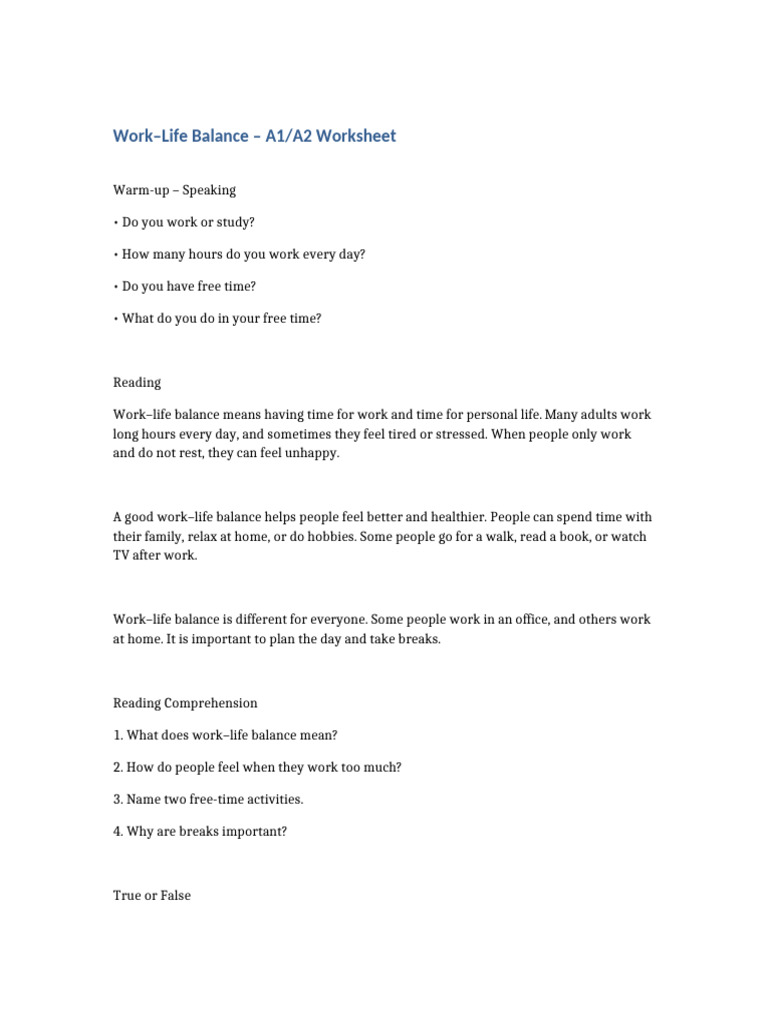 Work Life Balance A1 A2 Worksheet | PDF
