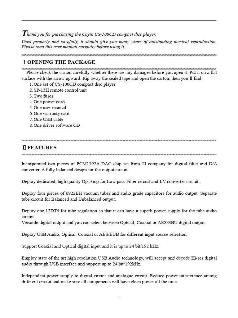 Cayin CS-100CD User Manual Guide | PDF | Compact Disc | Digital To ...