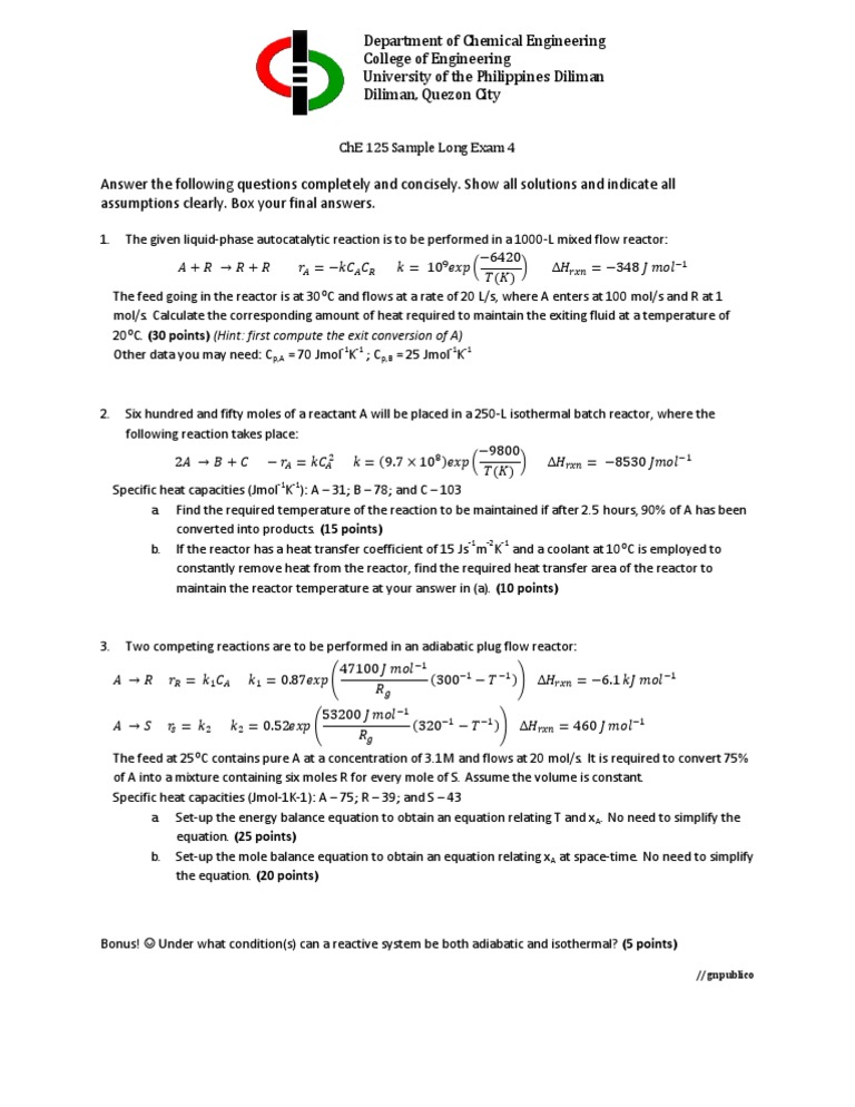 ChE 125 Long Exam 4: Reactor Calculations | PDF