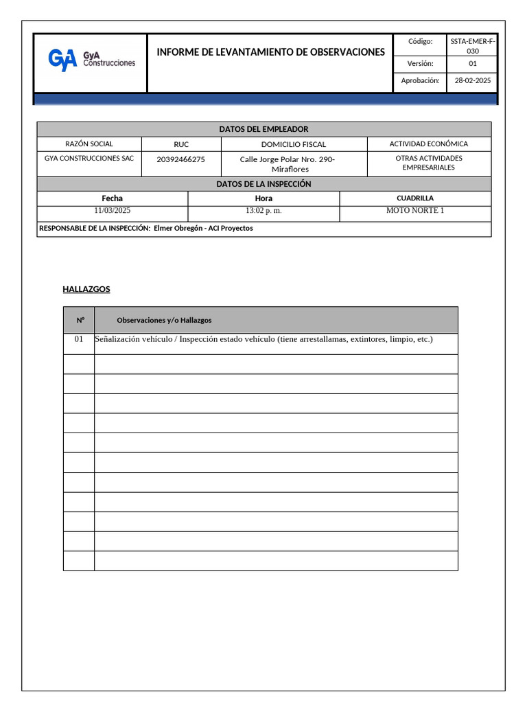 SSTA EMER F 030 Levantamiento de Observaciones | PDF