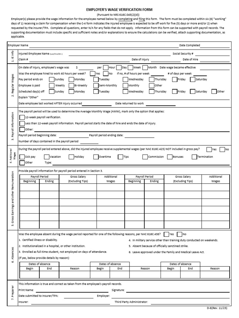 D8 Employer's Wage Verification Form - DIR - NV.GOV Fillable - 2023 ...