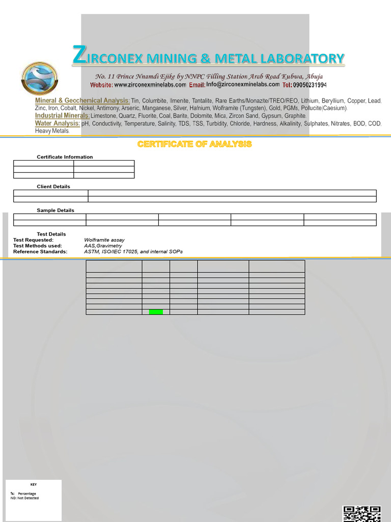 Wolframite Assay Certificate Analysis | PDF | Titanium | Physical Sciences
