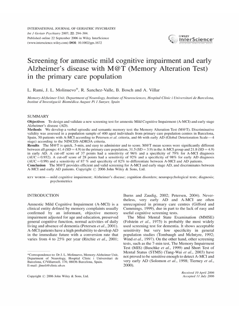 A - Screening For Amnestic Mild Cognitive Impairment and Early ...