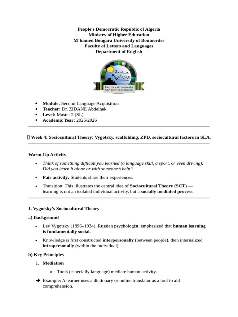 Vygotsky's Sociocultural Theory in SLA | PDF | Second Language ...