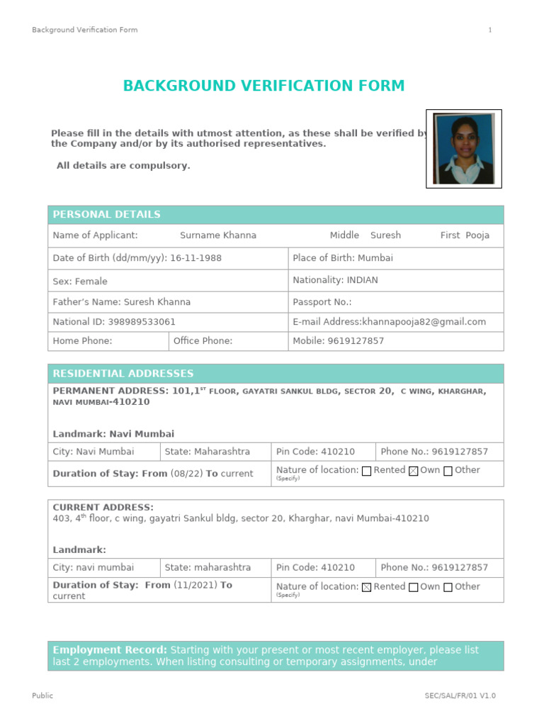 Background Verification Form Template | PDF