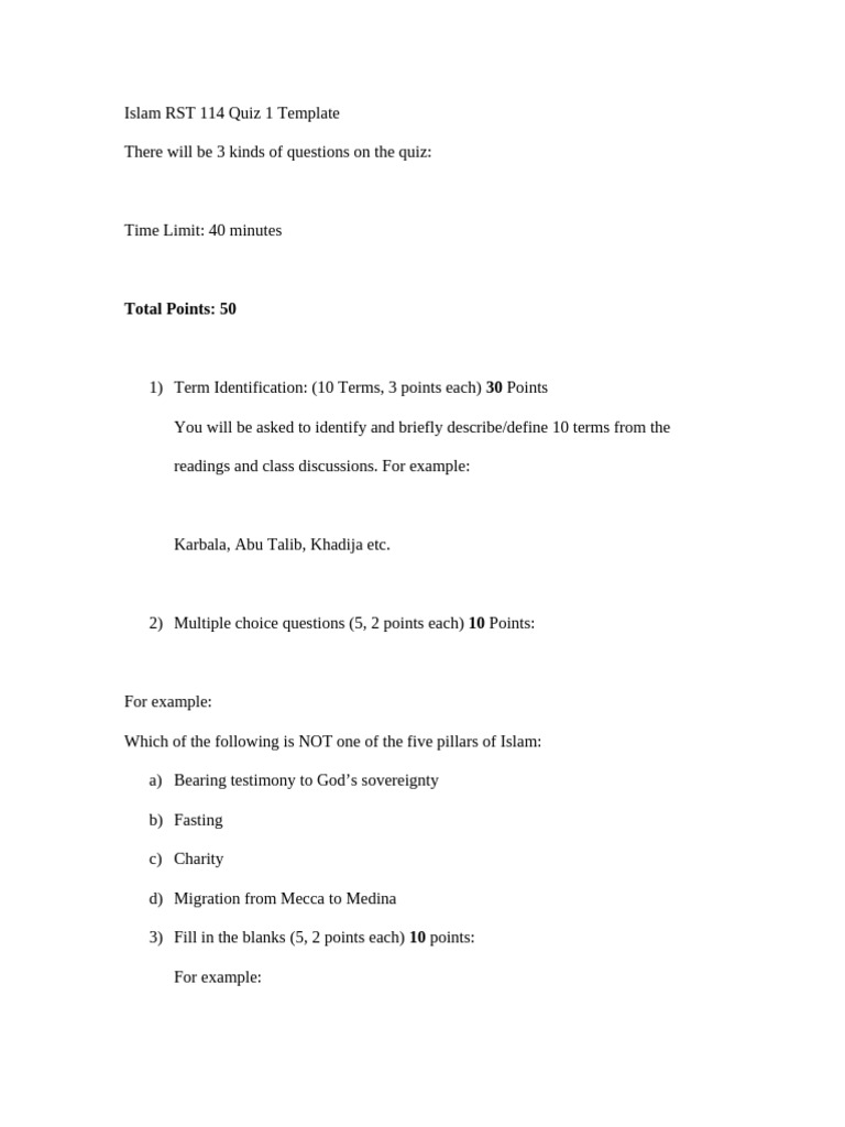 Islam RST 114 Quiz 1 Overview | PDF