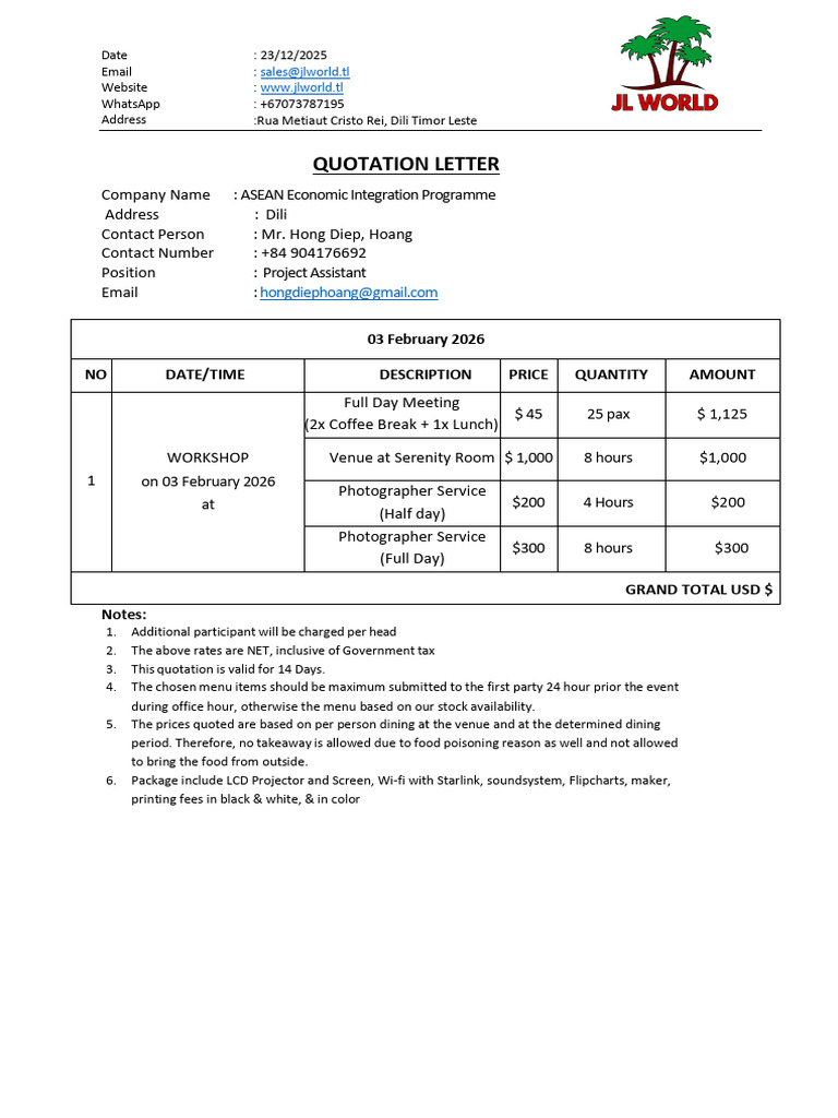 Quotation for Full Day Meeting Services | PDF | Tofu | Lunch