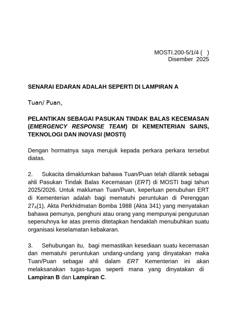 ERT - Surat Perlantikan Pasukan Tindak Balas Kecemasan MOSTI 2025 V2 | PDF
