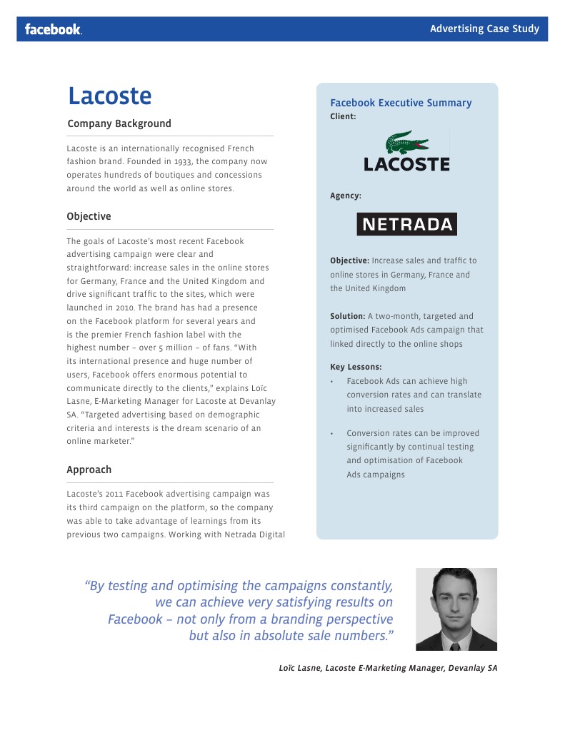 Lacoste Facebook Ad Case Study | PDF | Digital Marketing | Advertising