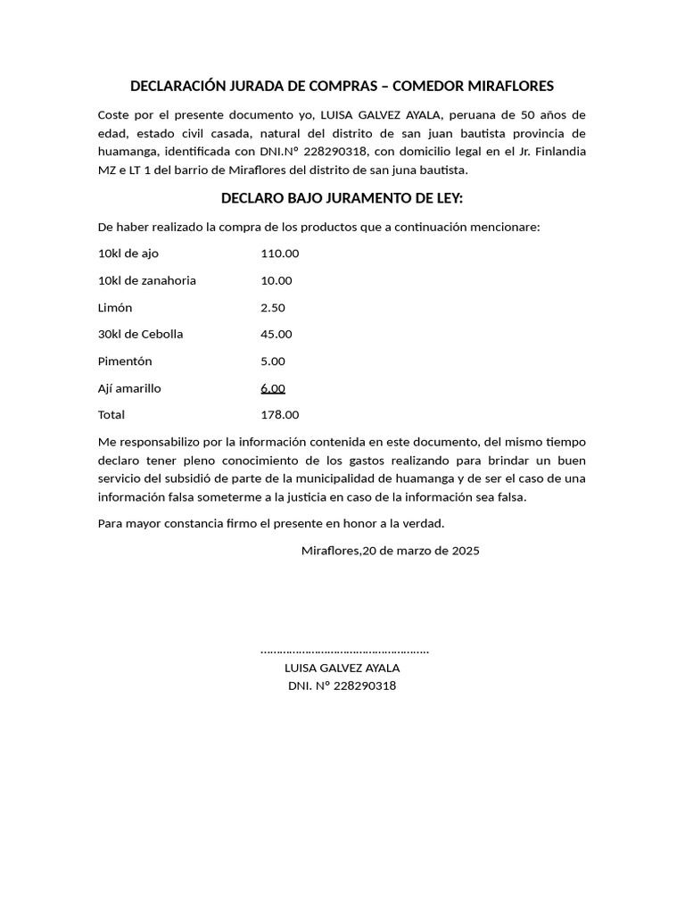 Declaración Jurada de Compras Comedor | PDF
