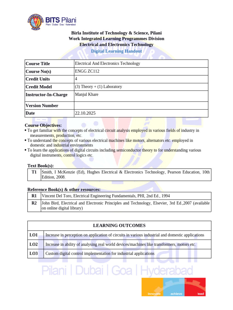 Electrical & Electronics Technology Course | PDF | Ac Power ...
