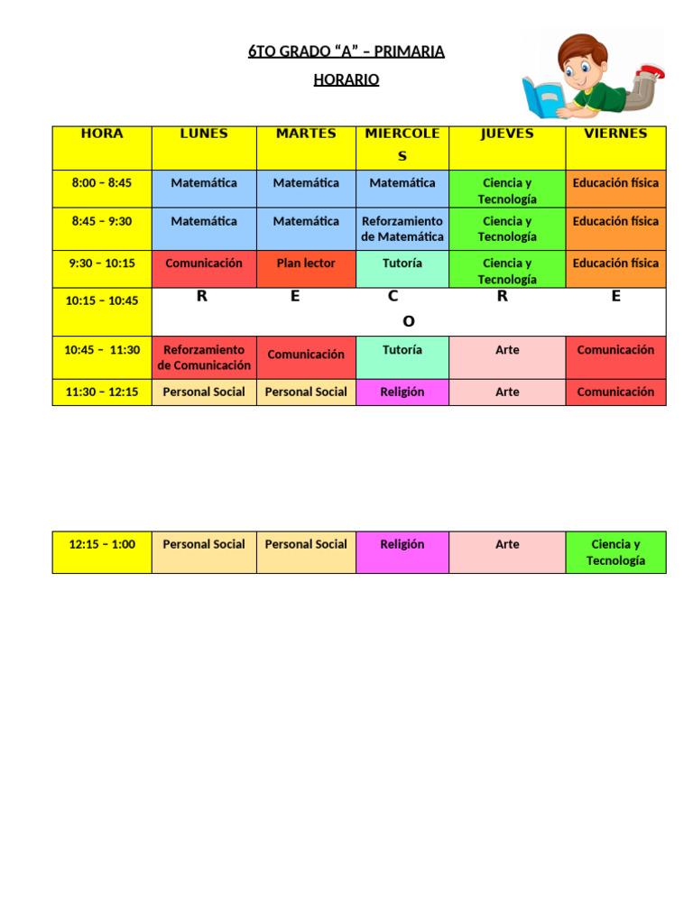Horario de Clases 6to Grado A Primaria | PDF