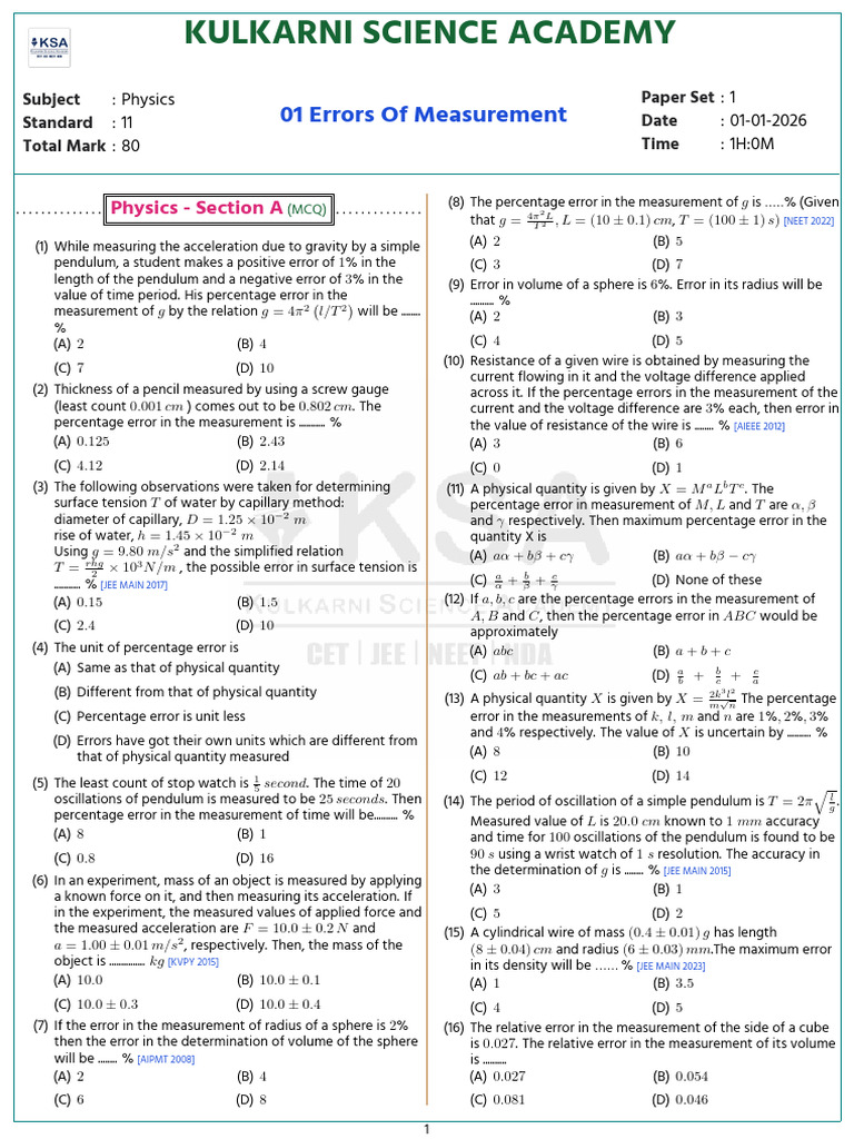 Physics Measurement Errors MCQ Exam | PDF | Density | Pendulum
